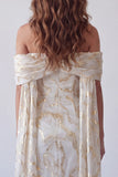 Off the Shoulder Champagne Bodycon Printed Midi Formal Dress with Cape