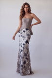 Vintage Mauve Mermaid Chiffon Floral Strapless Long Formal Dress