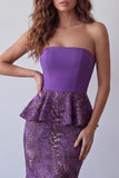 Purple Mermaid Chiffon Strapless Ruffled Midi Formal Dress