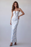 Light Blue Floral Bodycon Spaghetti Straps Long Formal Dress