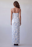 Light Blue Floral Bodycon Spaghetti Straps Long Formal Dress