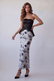 Black Strapless Bodycon Chiffon Floral Midi Formal Dress