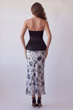 Black Strapless Bodycon Chiffon Floral Midi Formal Dress