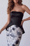Black Strapless Bodycon Chiffon Floral Midi Formal Dress