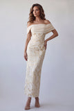 Champagne Off the Shoulder Bodycon Printed Maxi Formal Dress