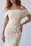 Champagne Off the Shoulder Bodycon Printed Maxi Formal Dress