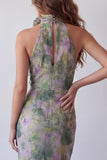 Halter Neck Dusty Sage Bodycon Chiffon Floral Maxi Formal Dress