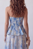A-Line Dusty Blue Chiffon Strapless Floral Midi Formal Dress