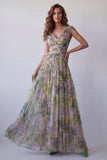 Chiffon Dusty Sage A-Line V-Neck Ruched Long Formal Dress