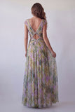 Chiffon Dusty Sage A-Line V-Neck Ruched Long Formal Dress
