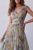 Chiffon Dusty Sage A-Line V-Neck Ruched Long Formal Dress