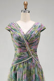 Chiffon Dusty Sage A-Line V-Neck Ruched Long Formal Dress