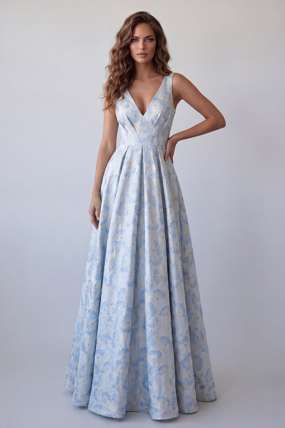 ZAPAKA Women Light Blue A-Line Formal Dress V-Neck Ruched Floral Long