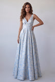 Light Blue A-Line V-Neck Ruched Floral Long Formal Dress