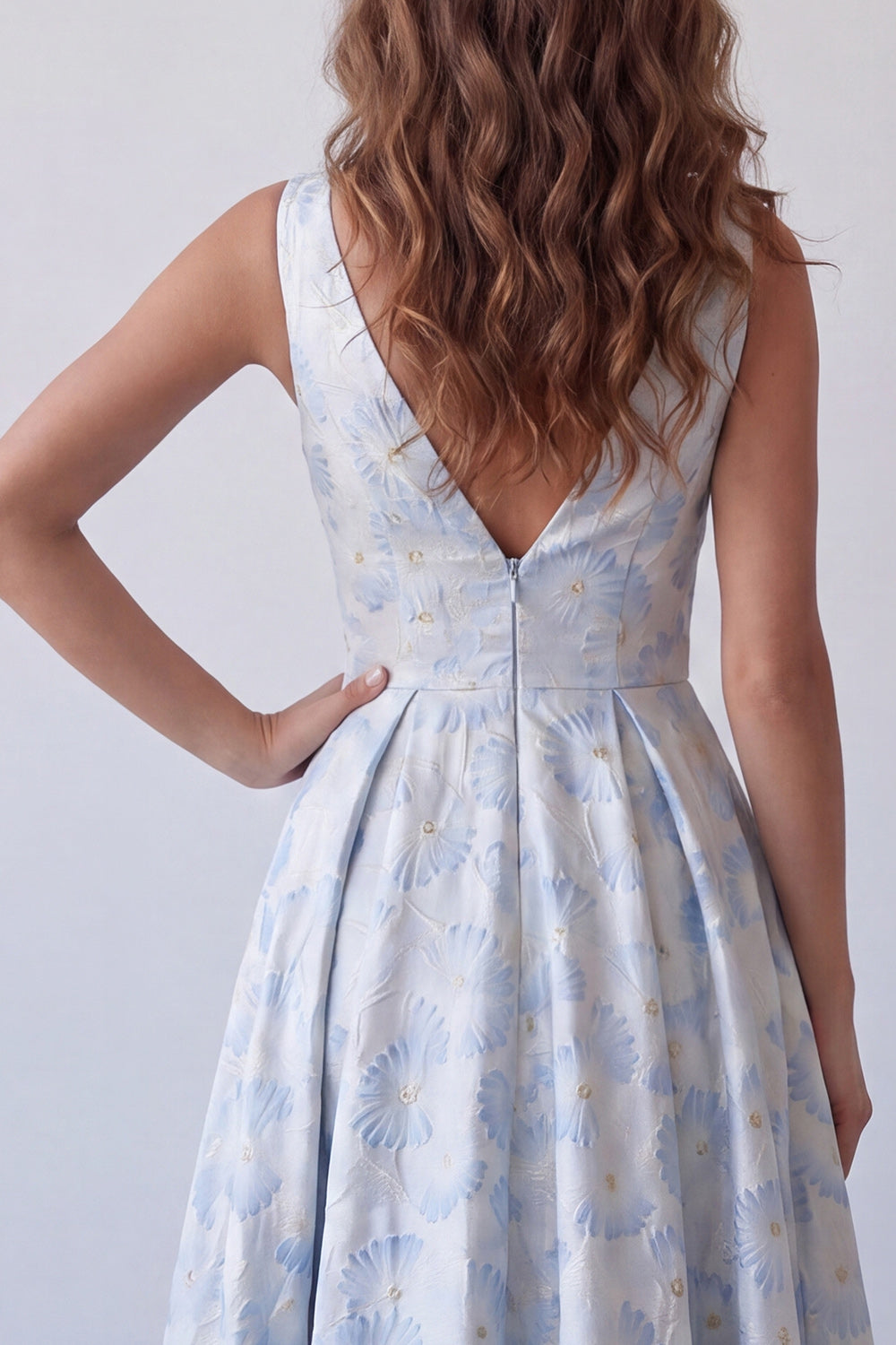 ZAPAKA Women Light Blue A-Line Formal Dress V-Neck Ruched Floral Long