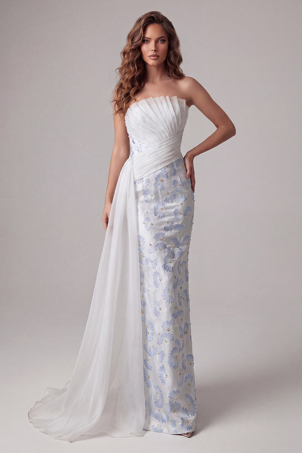 ZAPAKA Women Light Blue Strapless Formal Dress with Sash Bodycon Ruched Floral Long Wedding Guest Dress, Light Blue / US10 ZAPAKA Women Light Blue Strapless Formal Dress with Sash Bodycon Ruched Floral Long Wedding Guest Dress, Light Blue / US10