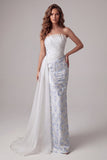 Light Blue Strapless Bodycon Ruched Floral Long Formal Dress with Sash