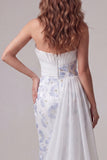 Light Blue Strapless Bodycon Ruched Floral Long Formal Dress with Sash