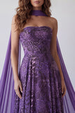 Strapless A-Line Purple Chiffon Long Formal Dress with Neck Scarf