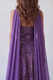 Strapless A-Line Purple Chiffon Long Formal Dress with Neck Scarf