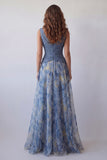 A-Line Dusty Blue V-Neck Chiffon Ruched Floral Long Formal Dress