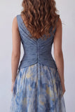 A-Line Dusty Blue V-Neck Chiffon Ruched Floral Long Formal Dress