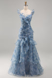 Mermaid Dusty Blue Chiffon Ruched Floral Long Formal Dress with Ruffles