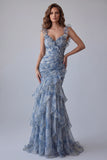 Mermaid Dusty Blue Chiffon Ruched Floral Long Formal Dress with Ruffles