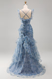 Mermaid Dusty Blue Chiffon Ruched Floral Long Formal Dress with Ruffles