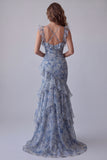 Mermaid Dusty Blue Chiffon Ruched Floral Long Formal Dress with Ruffles