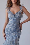 Mermaid Dusty Blue Chiffon Ruched Floral Long Formal Dress with Ruffles