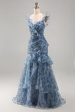 Mermaid Dusty Blue Chiffon Ruched Floral Long Formal Dress with Ruffles