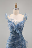 Mermaid Dusty Blue Chiffon Ruched Floral Long Formal Dress with Ruffles