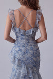Mermaid Dusty Blue Chiffon Ruched Floral Long Formal Dress with Ruffles