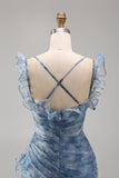 Mermaid Dusty Blue Chiffon Ruched Floral Long Formal Dress with Ruffles