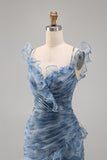 Mermaid Dusty Blue Chiffon Ruched Floral Long Formal Dress with Ruffles