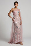 Mermaid Beaded Sparkly Pink Long Mother of the Bride Dress with Side Cape