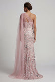 Mermaid Beaded Sparkly Pink Long Mother of the Bride Dress with Side Cape