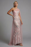 Mermaid Beaded Sparkly Pink Long Mother of the Bride Dress with Side Cape