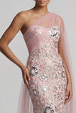 Mermaid Beaded Sparkly Pink Long Mother of the Bride Dress with Side Cape