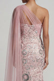 Mermaid Beaded Sparkly Pink Long Mother of the Bride Dress with Side Cape
