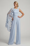 Sky Blue Floral Boat Neck Long Mother of the Bride Jumpsuits with Side Cape