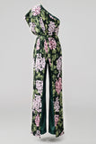 Dark Green Floral One Shoulder Long Mother of the Bride Jumpsuits with Pockets