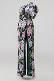 Dark Green Floral One Shoulder Long Mother of the Bride Jumpsuits with Pockets
