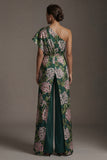 Dark Green Floral One Shoulder Long Mother of the Bride Jumpsuits with Pockets