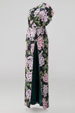 Dark Green Floral One Shoulder Long Mother of the Bride Jumpsuits with Pockets