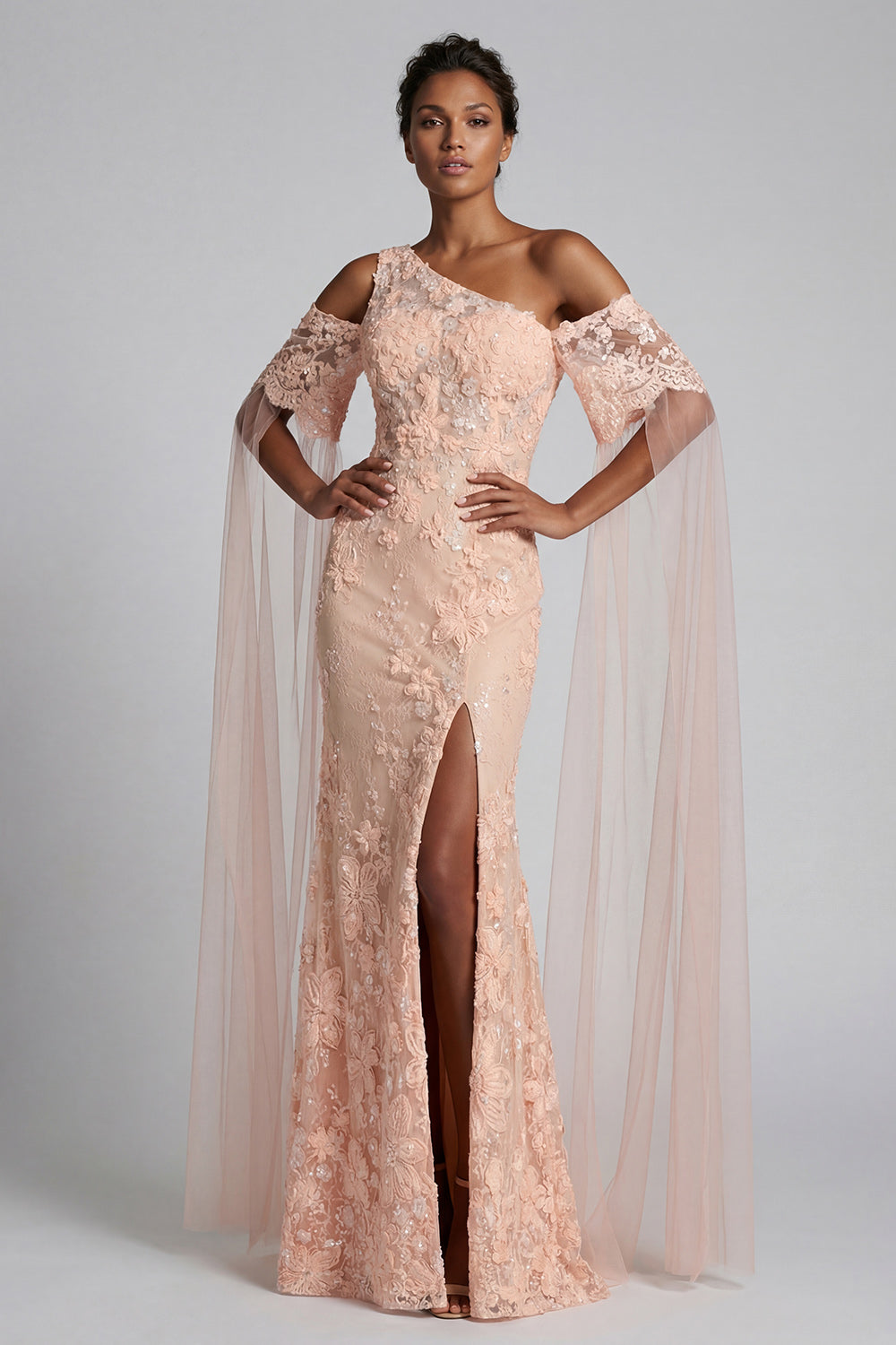 Zapaka Women Sparkly Peach Lace Long Floral Beaded Mother of the Bride Dress with Cape Mermaid One Shoulder Short Sleeves Evening Dress with Slit, Zapaka Women Sparkly Peach Lace Long Floral Beaded Mother of the Bride Dress with Cape Mermaid One Shoulder Short Sleeves Evening Dress with Slit,