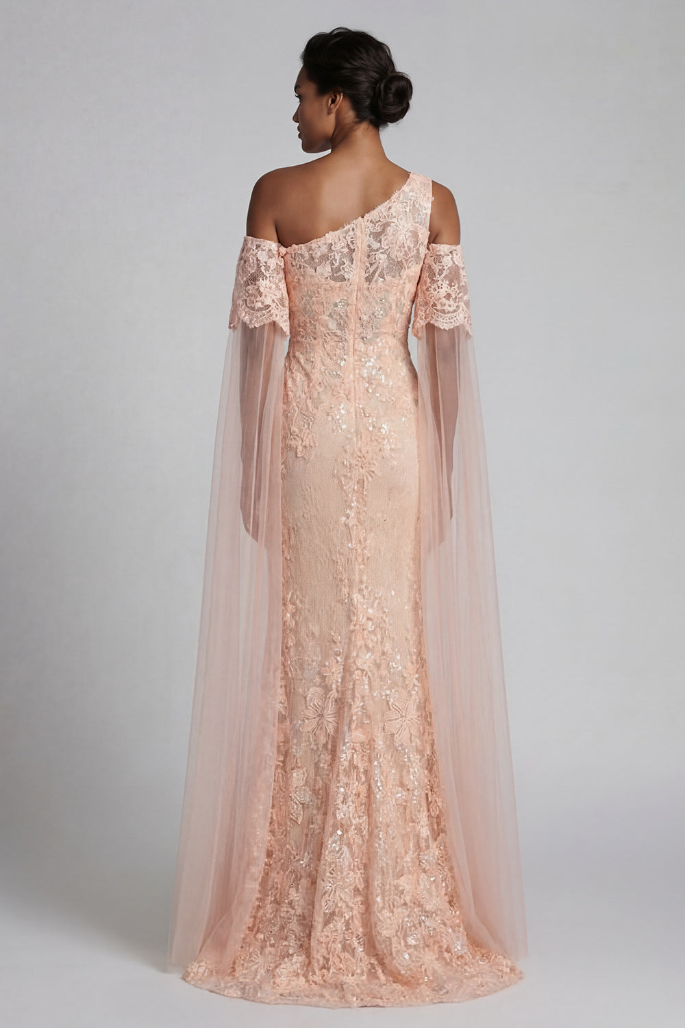 peach lace long sleeve dress Montsand PEACH LACE APPLIQE MAXI DRESS