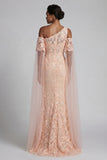 Sparkly Peach Floral Mermaid Long Beaded Mother of the Bride Dress with Cape