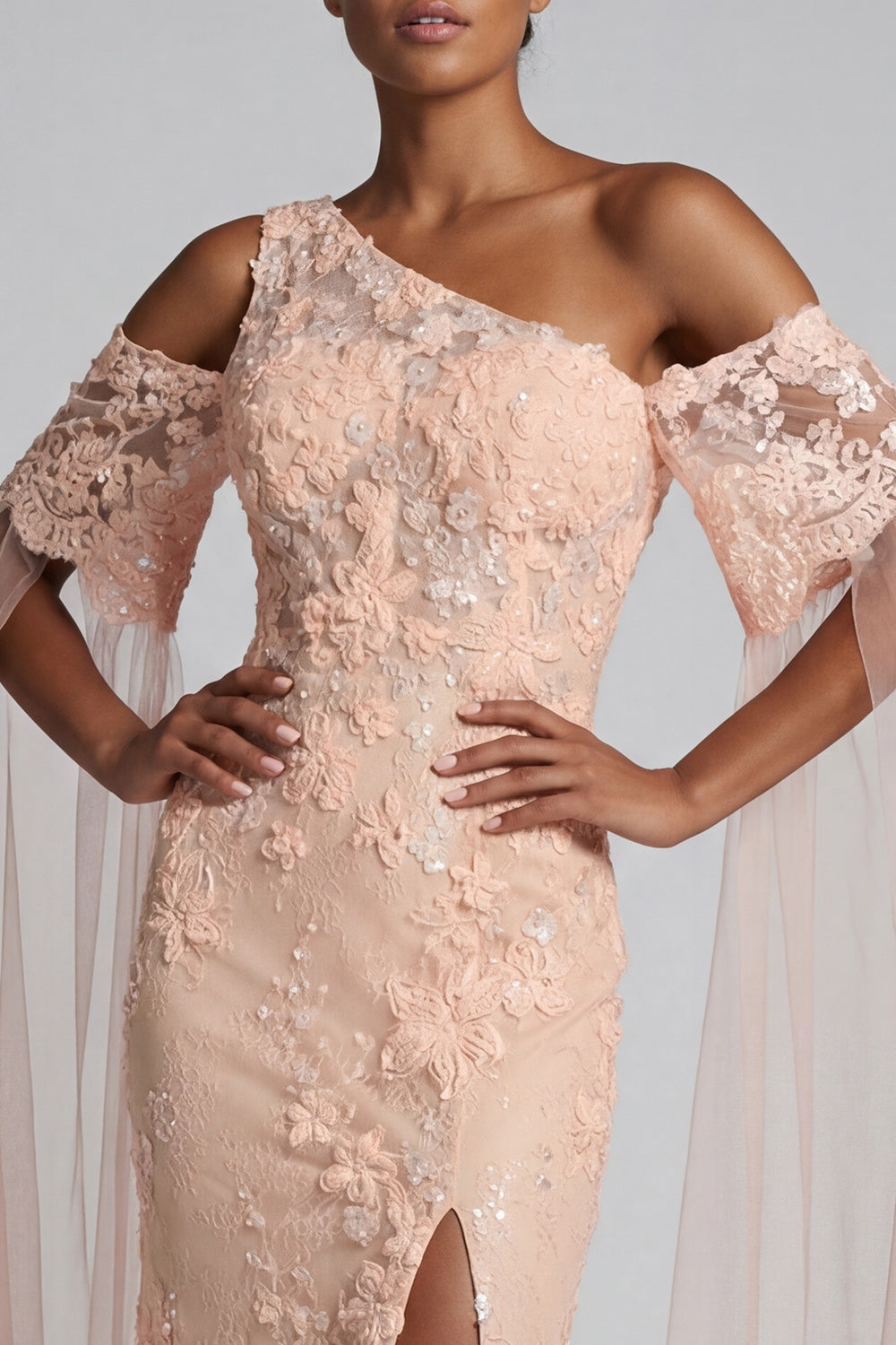 Zapaka Women Sparkly Peach Lace Long Floral Beaded Mother of the Bride Dress with Cape Mermaid One Shoulder Short Sleeves Evening Dress with Slit, Zapaka Women Sparkly Peach Lace Long Floral Beaded Mother of the Bride Dress with Cape Mermaid One Shoulder Short Sleeves Evening Dress with Slit,
